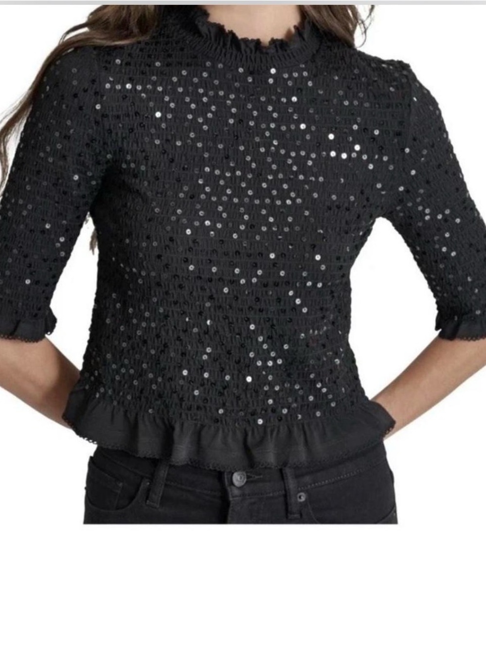 Dkny Black Sequin Smocked Ruffle Hem Short Sleeve Top